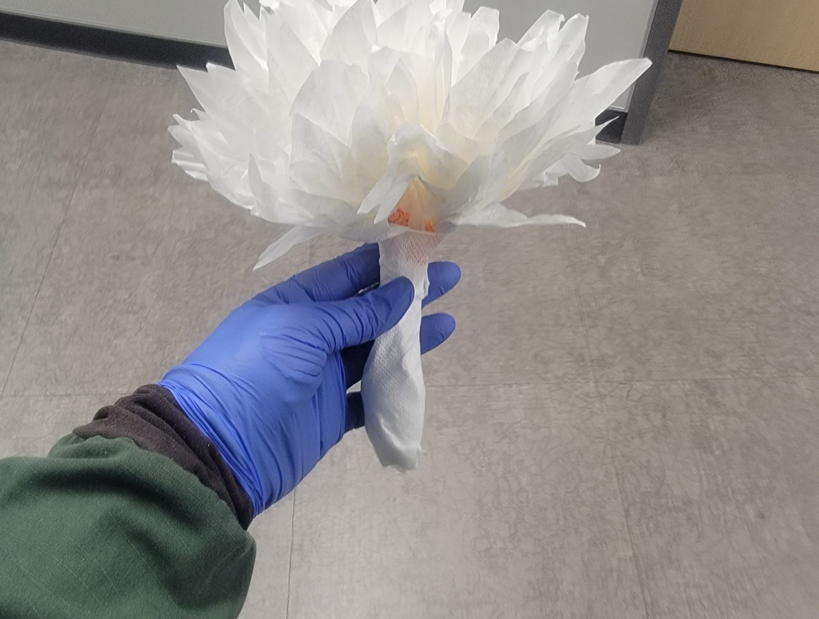 hospital wedding bouqet made from plastic spoons and coffee filters